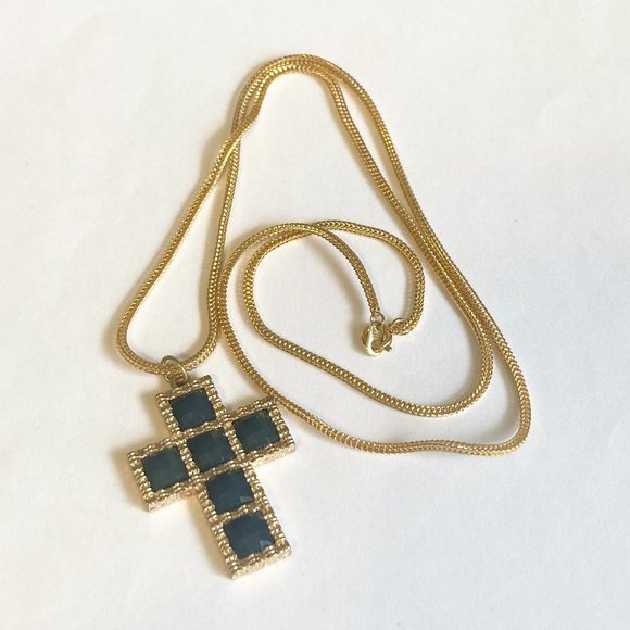 Vintage Gold Cross Pendant Necklace Green Crystal Plated 24" Chain Christian - Picture 8 of 10